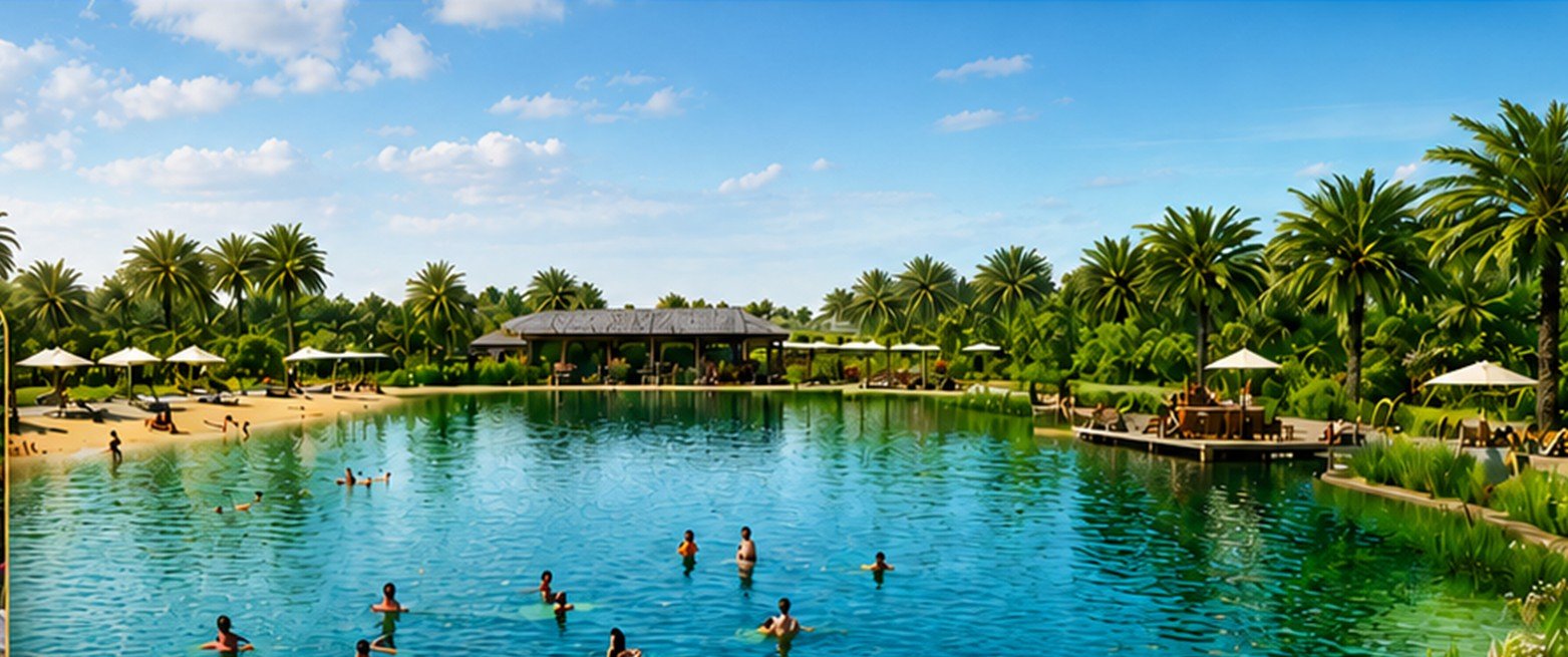 A destination-scale natural swimming lake with planted margins