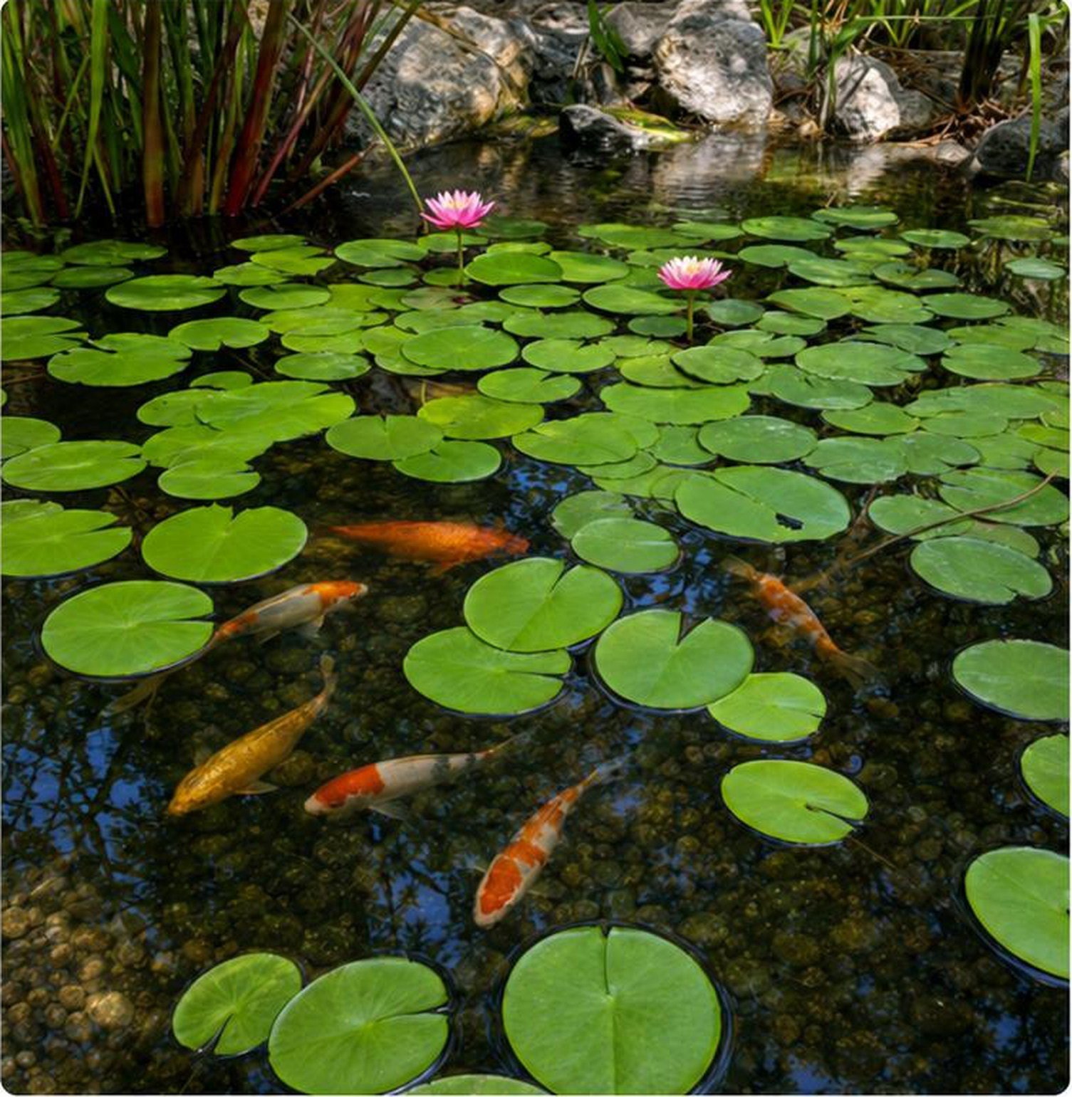 A living ecosystem pond with aquatic plants, gravel and clear circulating water