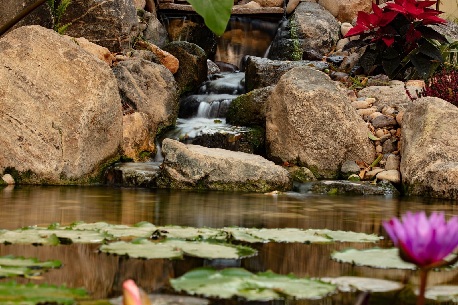 An Aqua Horizons specialist inspecting a completed rock waterfall