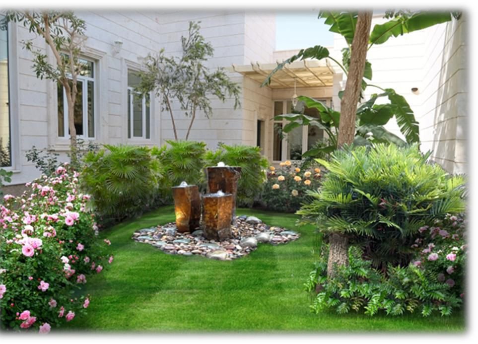 Basalt column fountain in a landscaped courtyard