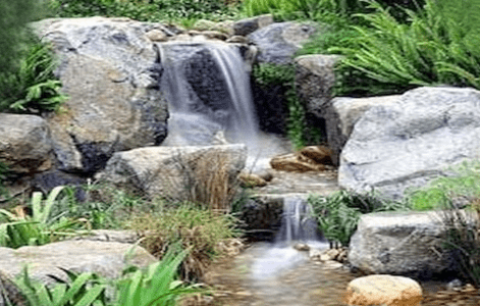 Natural ecosystem pond edged with boulders and planting