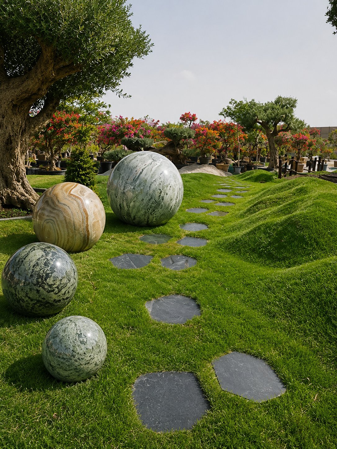 Marble spheres and stepping stones arranged along a path