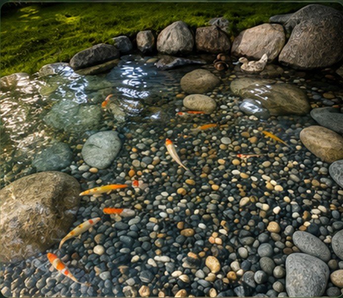 Terraced rock waterfall feeding a planted pond