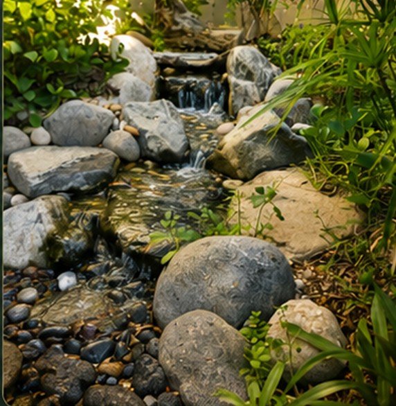 Koi pond with a stone bridge