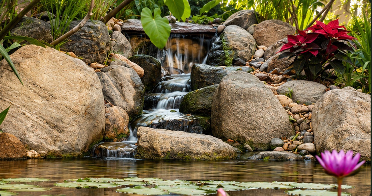 A signature Aqua Horizons waterfall set into a landscaped garden